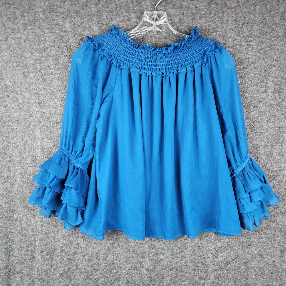 CeCe Off The Shoulder Blouse Womens XS Blue Smocked Tiered Ruffle‎ Bell Sleeve
